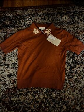 Embroidered Collar Short Sleeve Sweater - Rust Orange